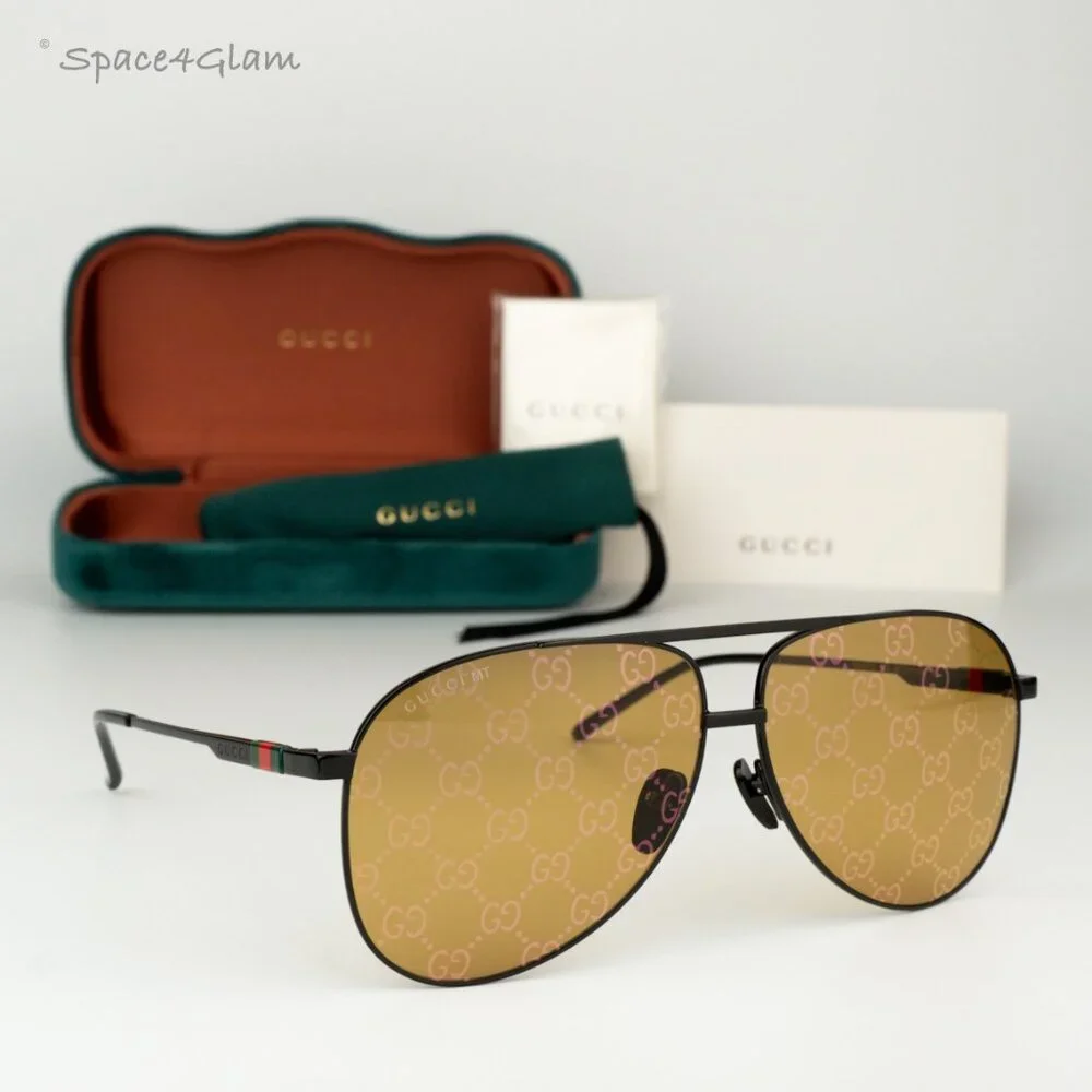 BRAND NEW Gucci GG1677S 005 Black Yellow Mirror Logo Pilot Unisex Sunglasses